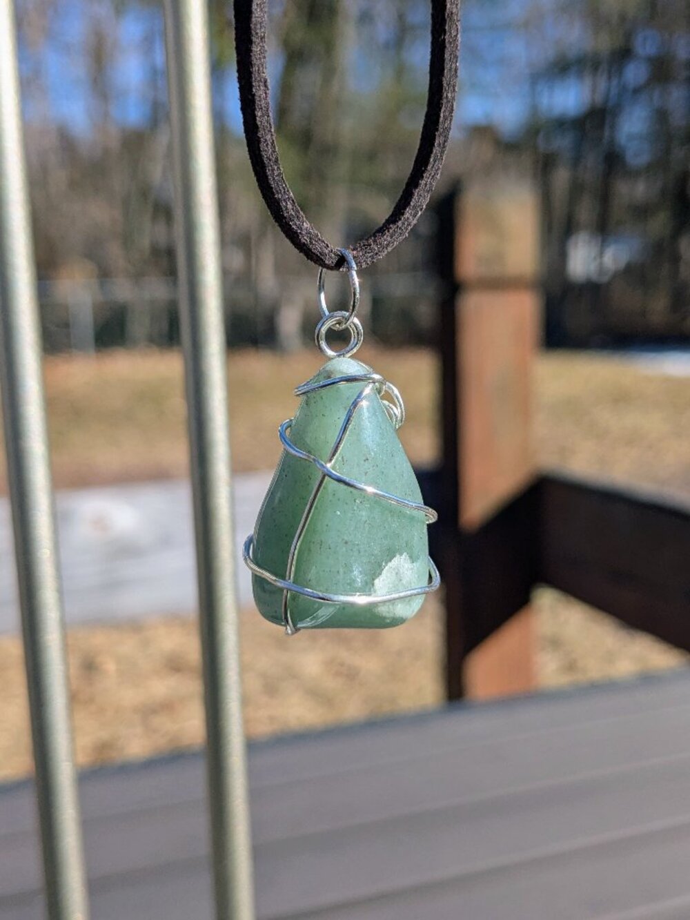 Green Aventurine Silver Wire Brown Leather Necklace